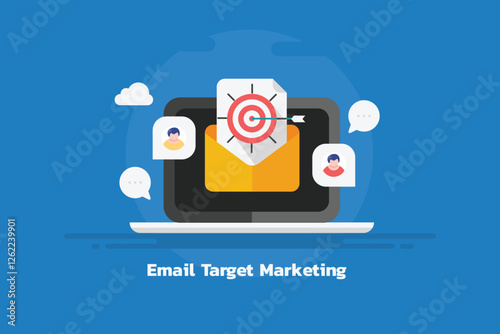 Target interested subscriber with business promotion, offers and discount message with email marketing campaign. Open email document with arrow hits target. 