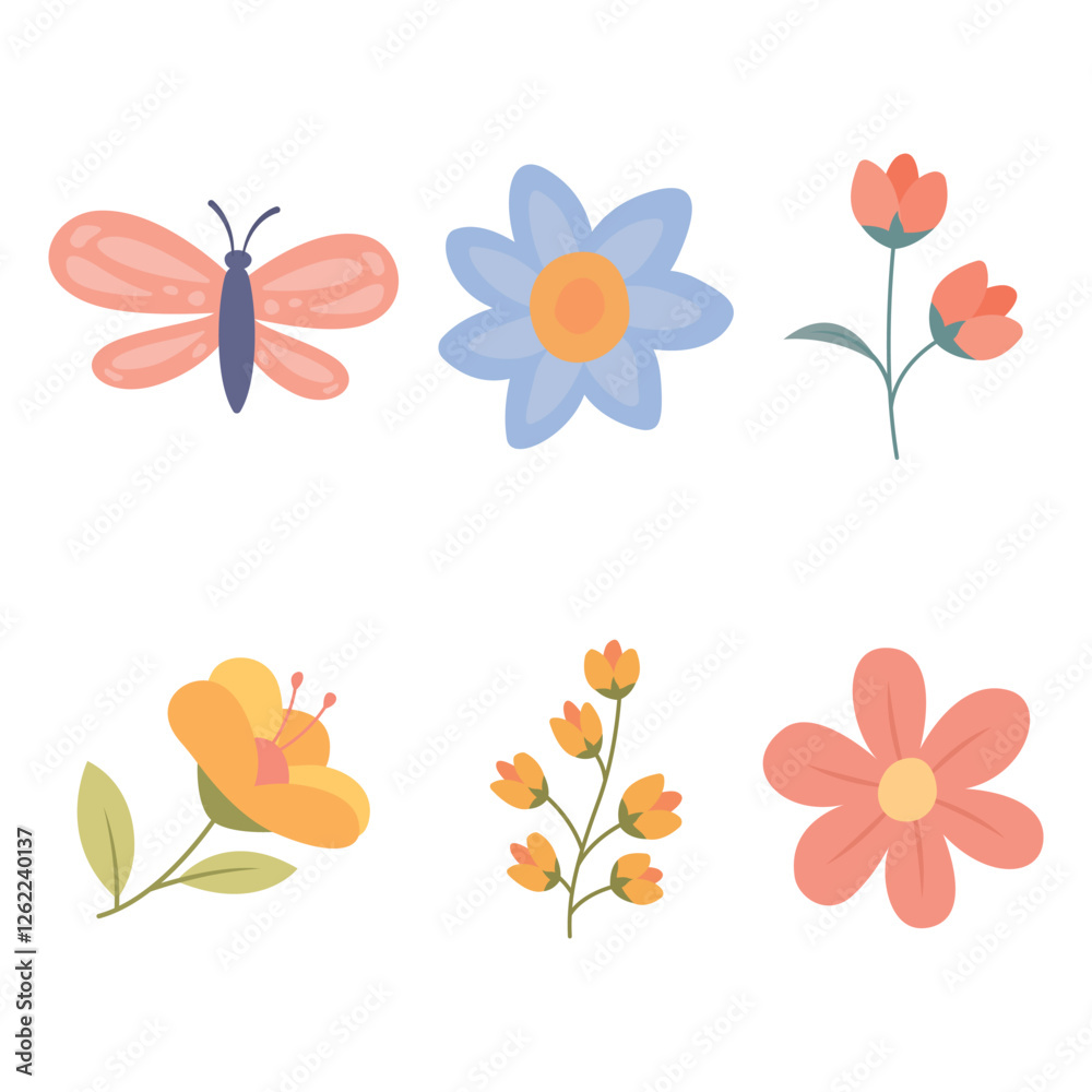 Elements Set of Butterfly with Blossom Natural Flower Floral Botany in the Garden