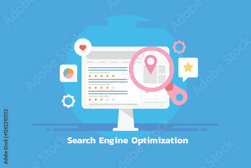 SEO Optimization concept. Contextual website link with business location map on computer screen, data chart, customer engagement and technical settings.
