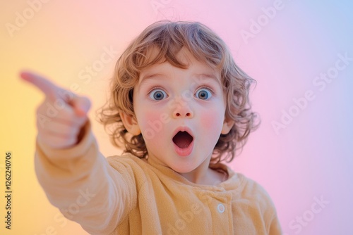 Excited young child with curly blond hair points finger directly at viewer with surprised expression