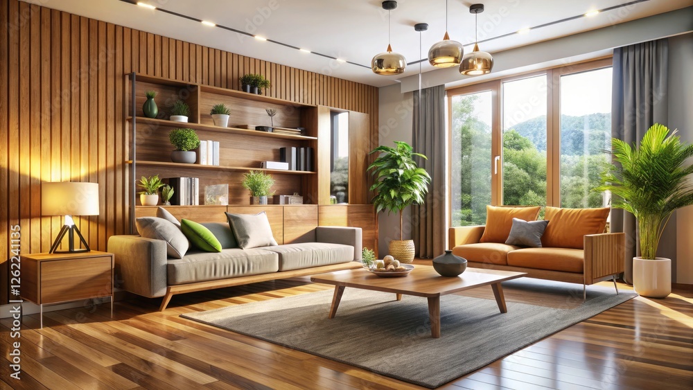 Fototapeta premium Modern Living Room Wooden Cabinet Interior Design 3D Render - Architectural Photography