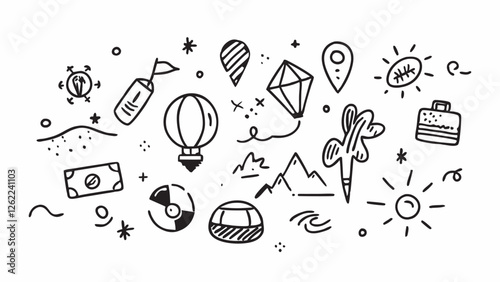 A whimsical vector icon set filled with travel-themed doodles, featuring playful designs such as hot air balloons, mountains, compasses, and maps, ideal for adding charm and adventure-focused projects