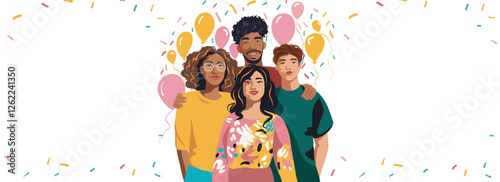  Friendship day. Friends of different nationalities smiling and hugging. Group of people posing for a portrait with friends during a party on the background of balloons. Vector illustration 