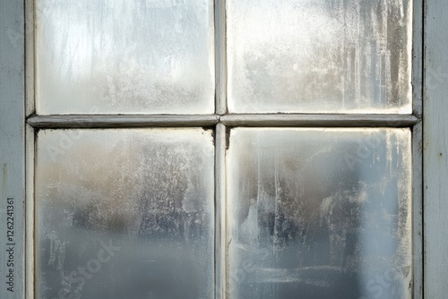 Four pane window covered with condensation and grime close up