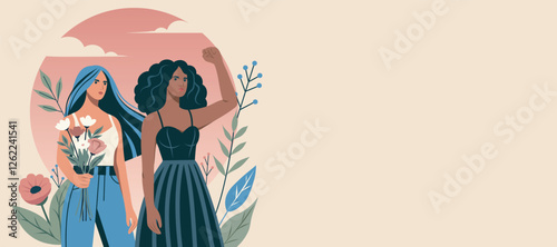 Vector illustration postcard women's day, different women on sunset background with flowers and protest gesture, gender equality and empowerment. Suitable for feminism projects, website, social media