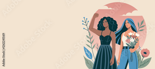 Vector illustration postcard women's day, different women with flowers and protest gesture stand together, gender equality and empowerment. Suitable for feminism projects, website, social media