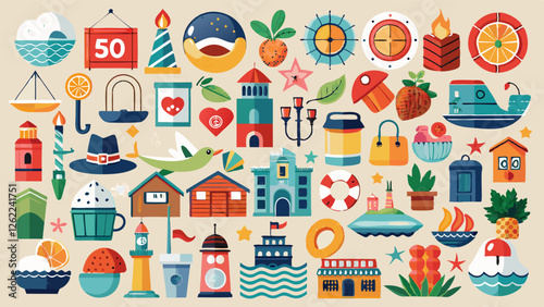 a vibrant array of nautical and coastal-themed designs, featuring lighthouses, boats, marine animals, and beach accessories, perfect for infusing seaside charm into creative projects