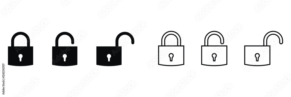 Lock icon clipart. Closed and opened locks symbol. Lock key, padlock, security icon vector illustration. Door locked and unlocked black line icon set in flat style. Safety and privacy concept collect Lock icon clipart. Closed and opened locks symbol. Lock key, padlock, security icon vector illustration. Door locked and unlocked black line icon set in flat style. Safety and privacy concept collect