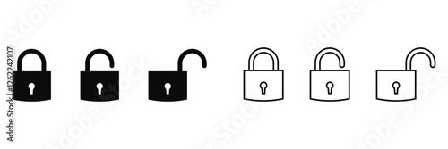 Lock icon clipart. Closed and opened locks symbol. Lock key, padlock, security icon vector illustration. Door locked and unlocked black line icon set in flat style.  Safety and privacy concept collect