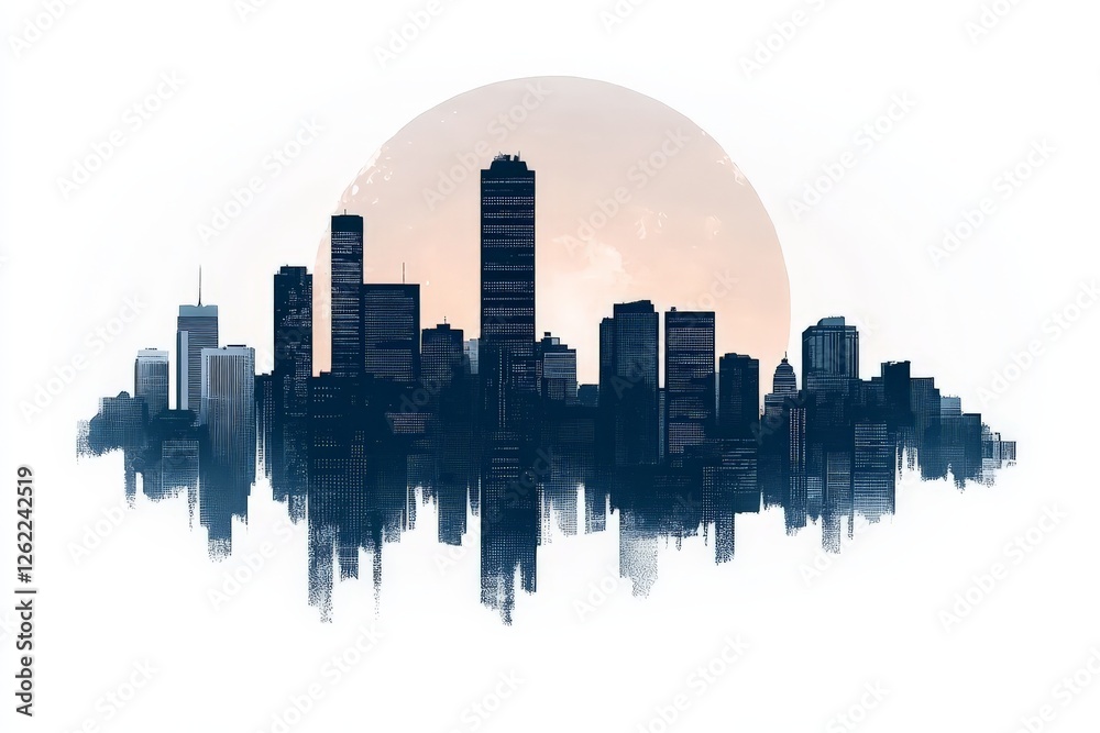 Obraz premium Urban city skyline with glowing reflection under pastel moon, showcasing modern architecture, serene water ambiance, and calming twilight atmosphere for high quality icon