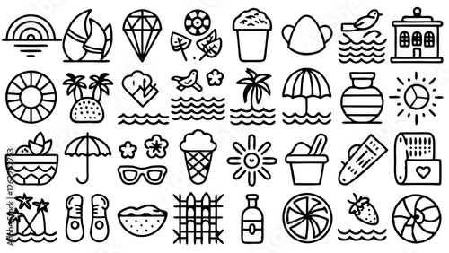 A captivating collection of 40 summer-themed vector icons, showcasing a lively mix of tropical elements, beach accessories, and vacation symbols, designed to bring vibrant energy to any creative proje