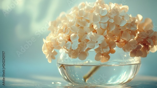 A vase filled with white flowers sits on a table