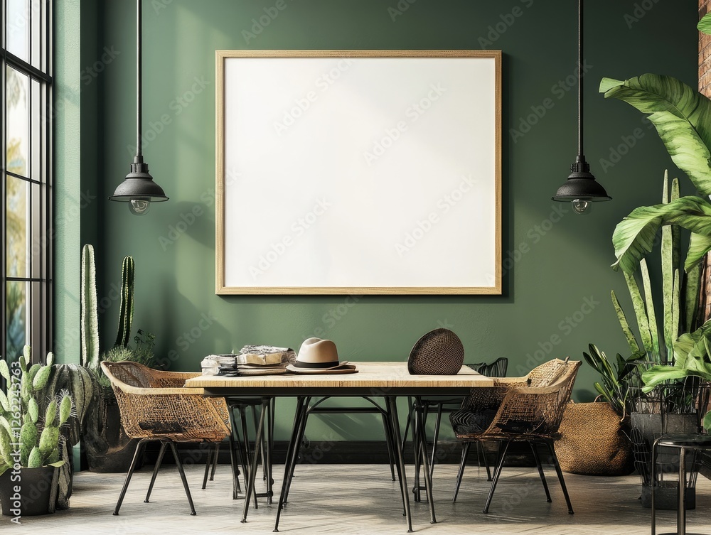 Green room mockup, poster, table, plants, sunlit, interior design, advertising Green room mockup, poster, table, plants, sunlit, interior design, advertising