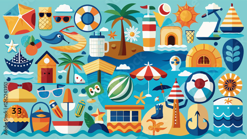 a colorful assortment of summer-themed icons, including tropical motifs, nautical elements, and beach accessories, evoking the carefree joy of seaside vacations and sunny adventures