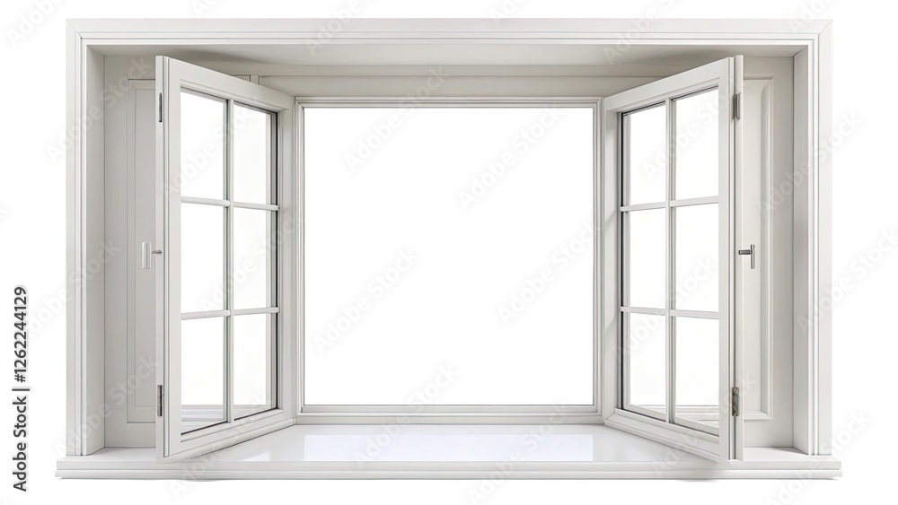 Fototapeta premium Open White Window Frame, Architectural Photography, Isolated White Background, PNG, Clean Lines, Minimalist Design, Modern Architecture, Interior Design Element