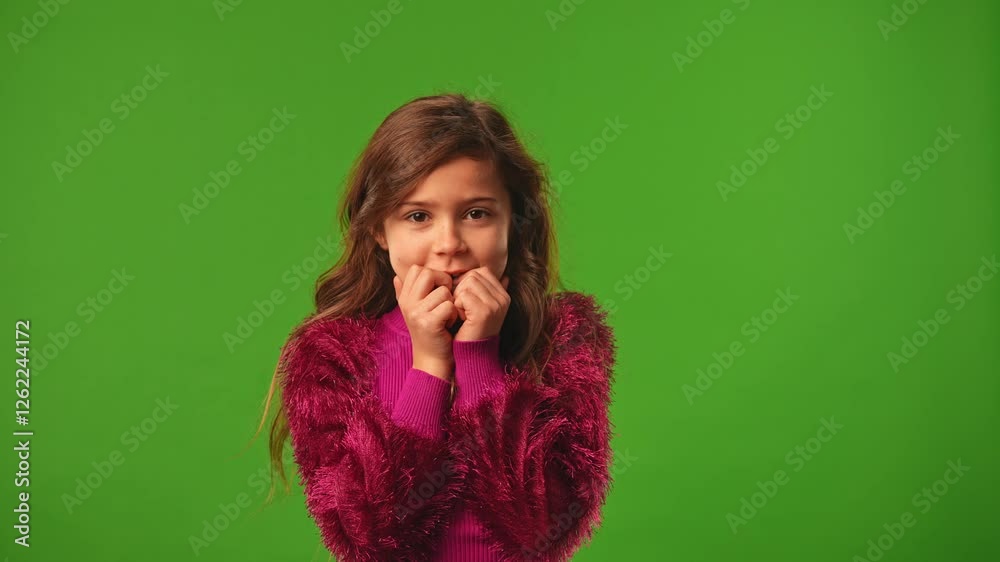 Girl child with shocked surprised face looks at camera, covering mouth with hands, scared expression, isolated on chroma key green screen studio background mockup. Girl child with shocked surprised face looks at camera, covering mouth with hands, scared expression, isolated on chroma key green screen studio background mockup.