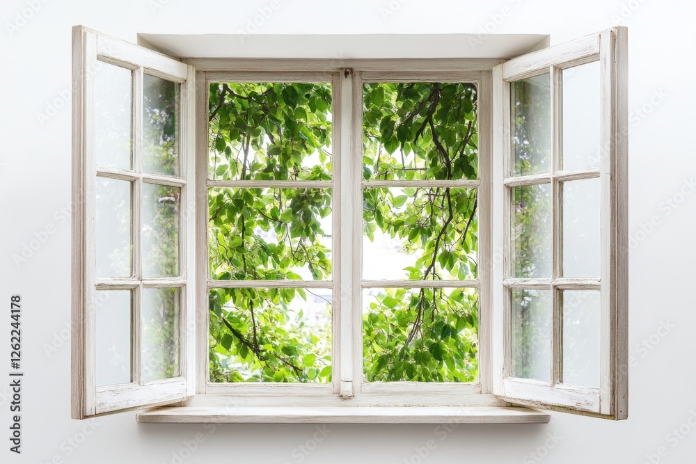Fototapeta premium Open window offers a refreshing view of vibrant green foliage
