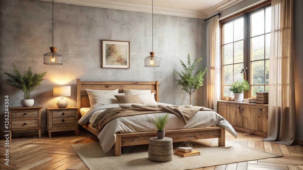Fototapeta premium Rustic Bedroom Design Featuring Wooden Bed, Nightstands, and Natural Decor Elements in a Serene and Peaceful Atmosphere