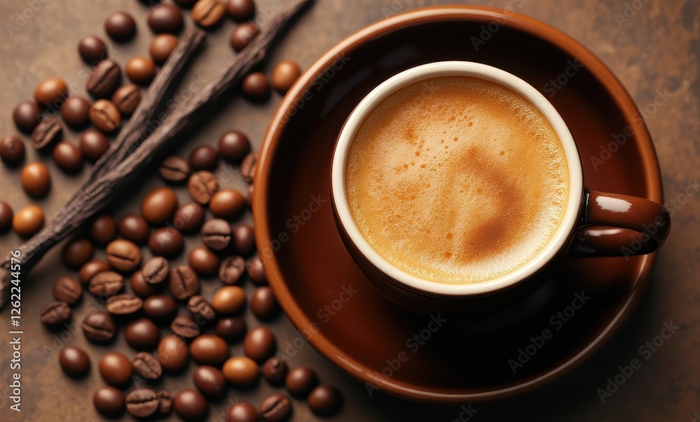 Delicious coffee with coffee beans and vanilla Delicious coffee with coffee beans and vanilla