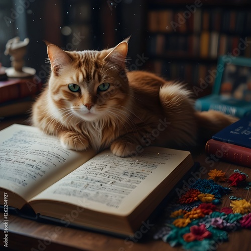 A cute, fluffy white kitten with blue eyes perches atop a book