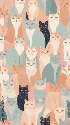 Cute cartoon cats, dogs, and birds form a seamless pattern design