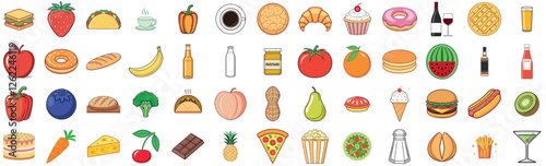 Fast Food and Fruit Vector icons Emoji Illustration Set - Food, Beverages, Fruits, Emojis, Emoticons, Stickers, Icons, Vegetables, Cakes,  illustration flat icons set