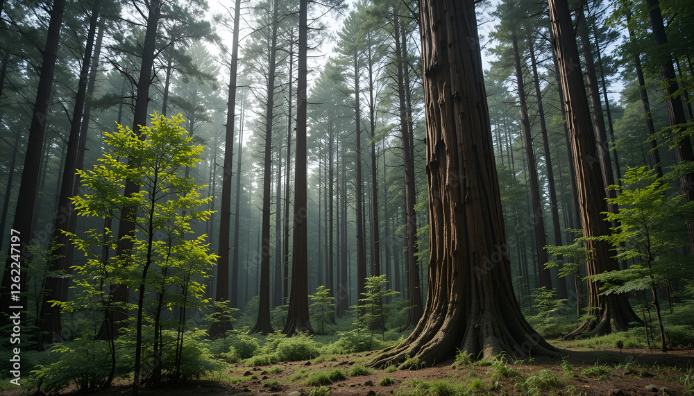 Obraz premium The forest has young trees, big trees, and wide and tall forests.