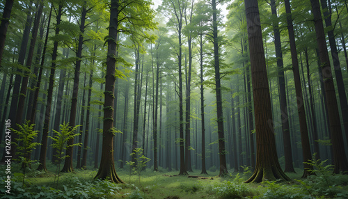 The forest has young trees, big trees, and wide and tall forests.