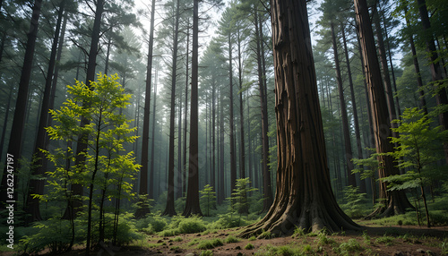 The forest has young trees, big trees, and wide and tall forests.
