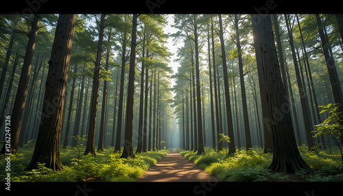 The forest has young trees, big trees, and wide and tall forests.