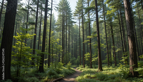 The forest has young trees, big trees, and wide and tall forests.