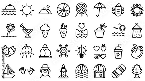 the essence of summer with 36 playful and colorful illustrations, including tropical drinks, beach scenes, fruits, and vacation symbols, perfect for enhancing seasonal designs with a cheerful touch