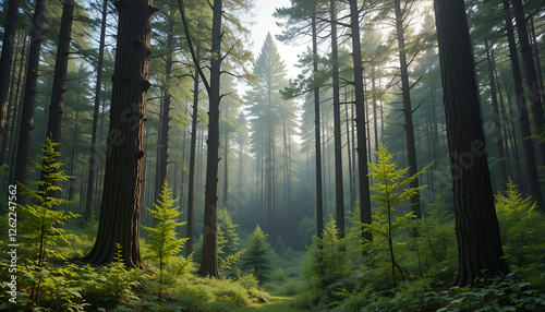 The forest has young trees, big trees, and wide and tall forests.