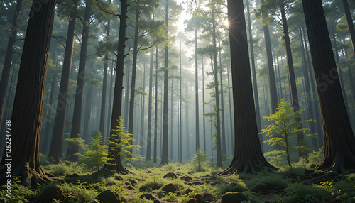 The forest has young trees, big trees, and wide and tall forests.