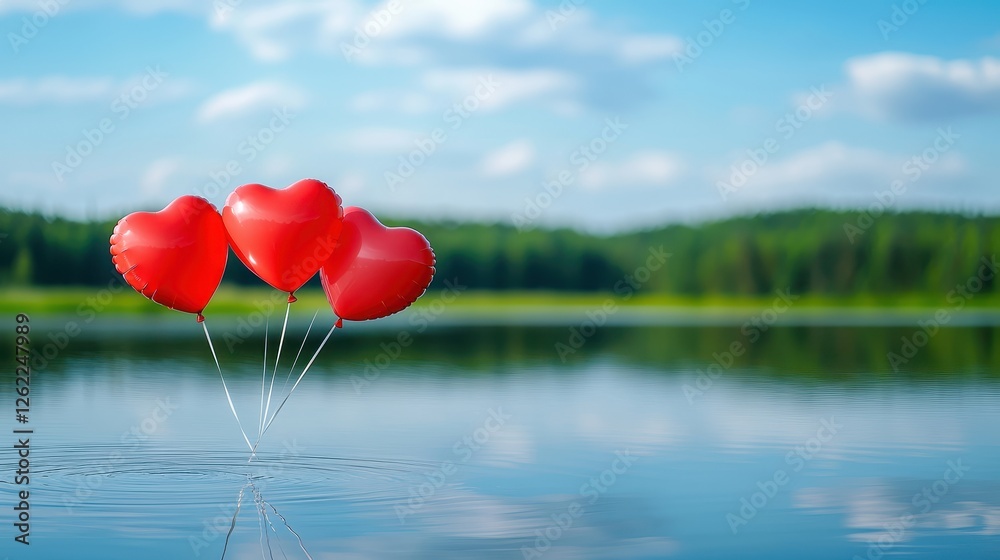 Fototapeta premium Three Red Heart Balloons Float Gently On Calm Water