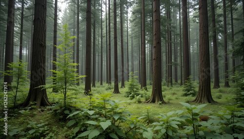 The forest has young trees, big trees, and wide and tall forests.