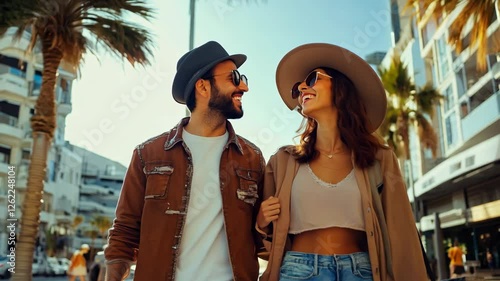 Trendy couple walking in a sunny city street wearing stylish outfits