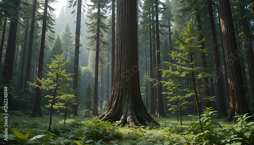 The forest has young trees, big trees, and wide and tall forests.