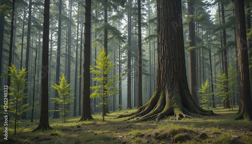 The forest has young trees, big trees, and wide and tall forests.