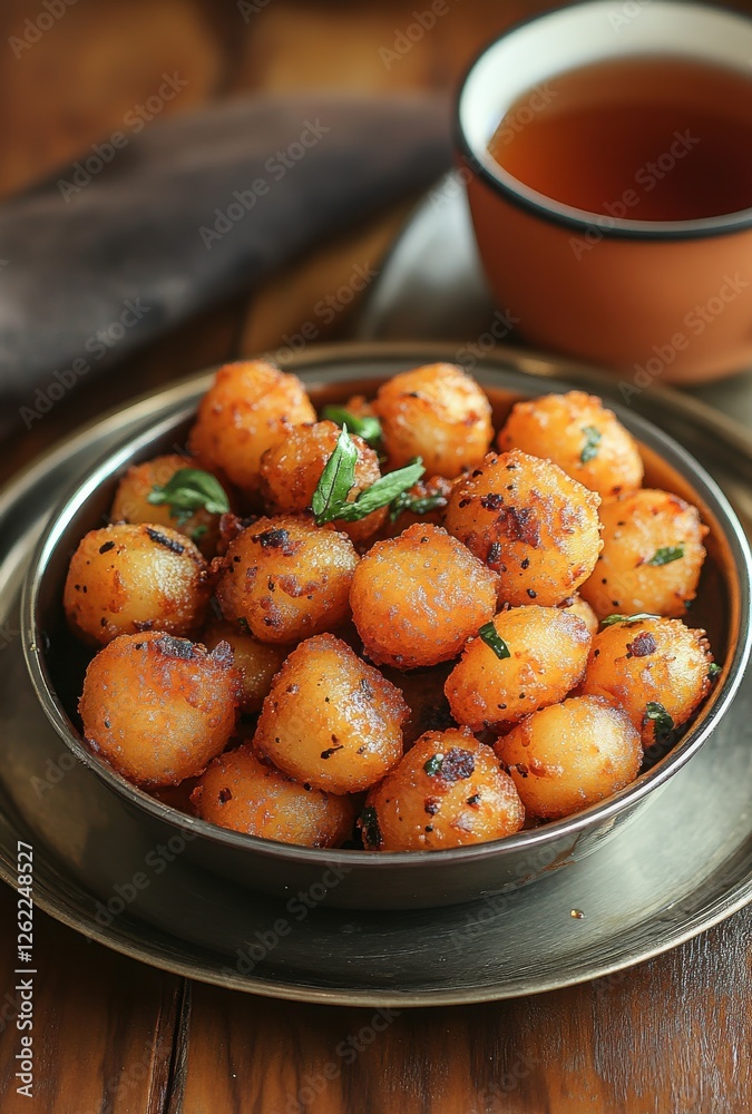 Crispy Golden Fried Snack Balls Garnished with Fresh Herbs Served in a Traditional Bowl Accompanied by a Cup of Tea on a Wooden Table Crispy Golden Fried Snack Balls Garnished with Fresh Herbs Served in a Traditional Bowl Accompanied by a Cup of Tea on a Wooden Table