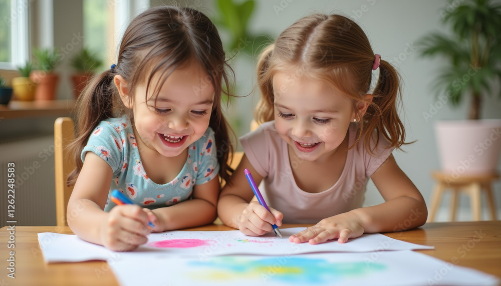 Two Adorable Girls Enjoying a Creative Drawing Session Two Adorable Girls Enjoying a Creative Drawing Session