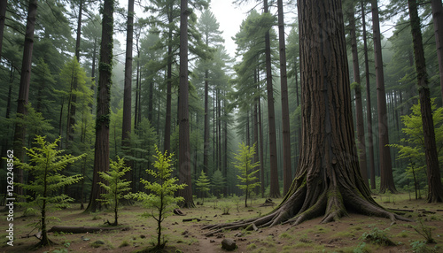 The forest has young trees, big trees, and wide and tall forests.