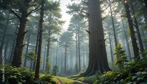 The forest has young trees, big trees, and wide and tall forests.