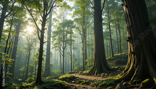 The forest has young trees, big trees, and wide and tall forests.