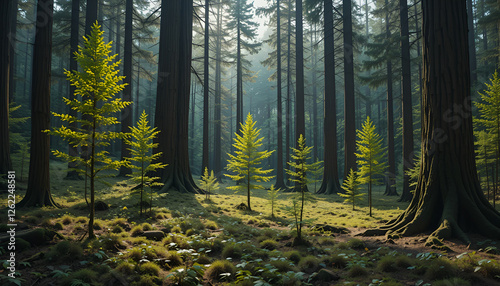 The forest has young trees, big trees, and wide and tall forests.