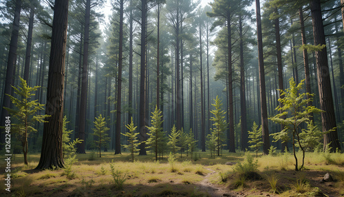 The forest has young trees, big trees, and wide and tall forests.