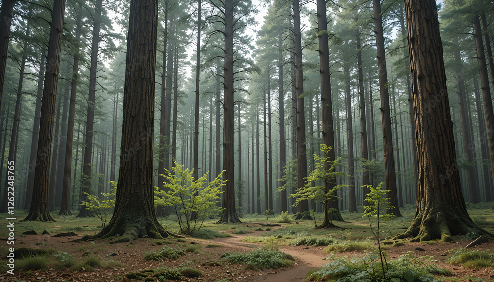 Obraz premium The forest has young trees, big trees, and wide and tall forests.