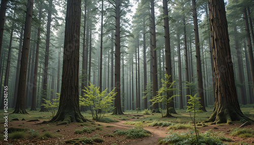 The forest has young trees, big trees, and wide and tall forests.