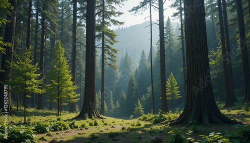 The forest has young trees, big trees, and wide and tall forests.