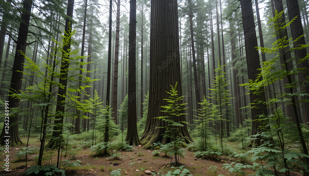 Obraz premium The forest has young trees, big trees, and wide and tall forests.